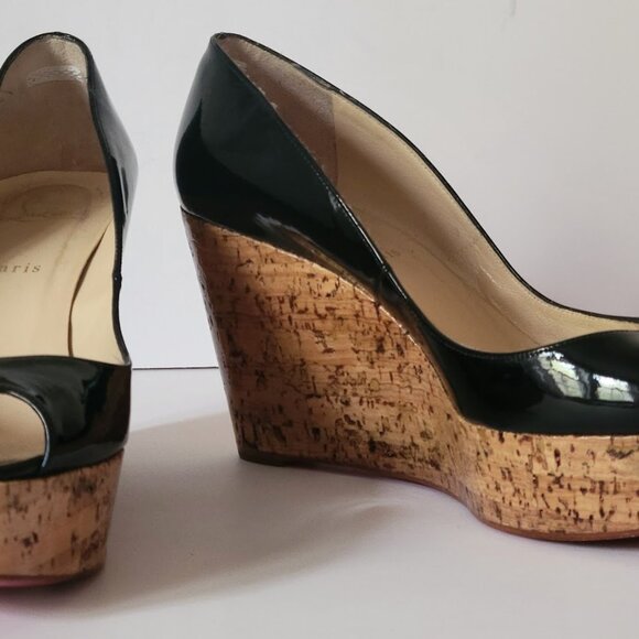 Christian Louboutin Black Patent Leather Peep Toe Cork Sole Platform Wedges - Picture 2 of 14